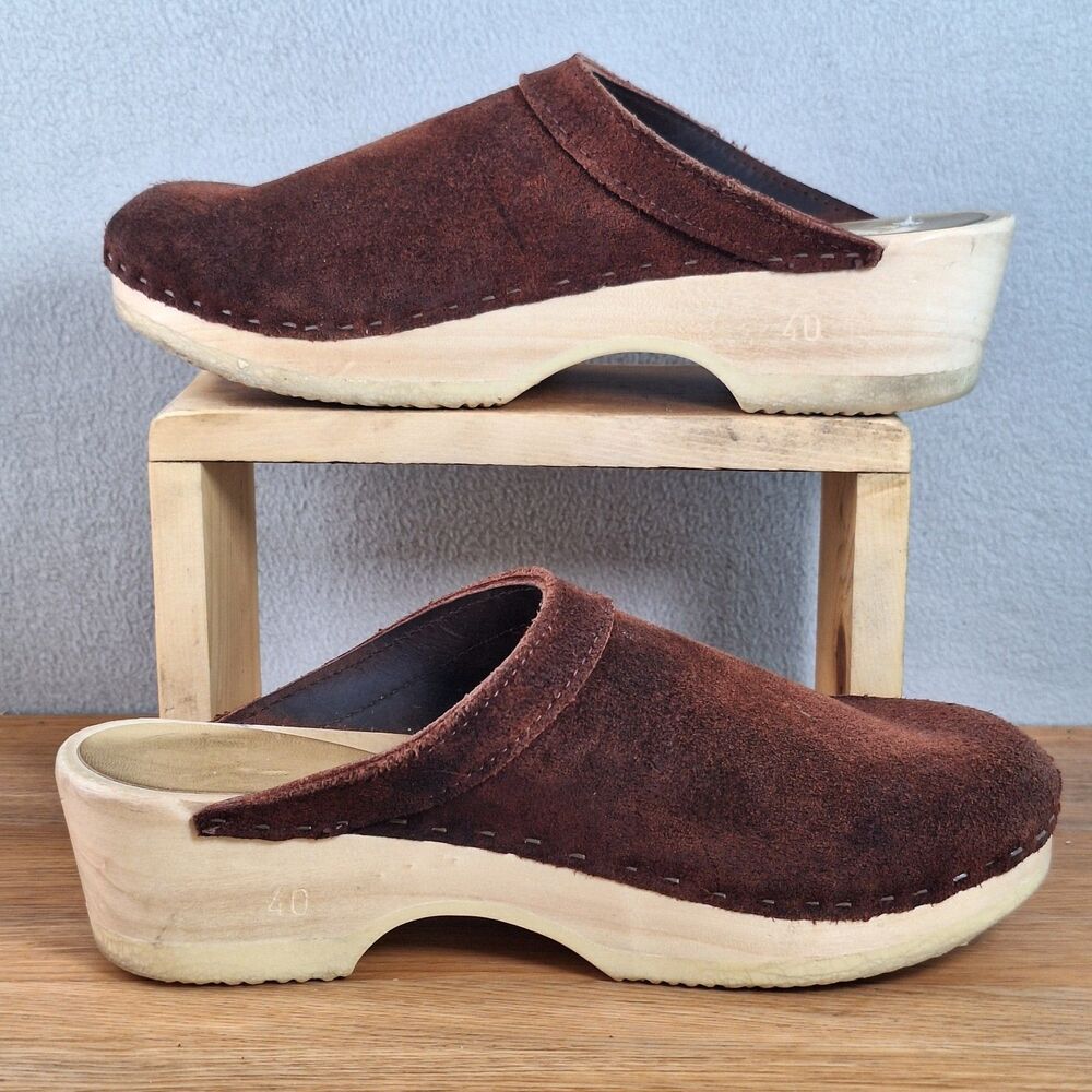 Sven Women's EU 40 Slip-On Suede Clogs Brown Leaf Punch Detail Leather Lined - Picture 6 of 13